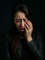 mexicain femme apparaît à être dans douleur de mal de crâne ai génératif photo