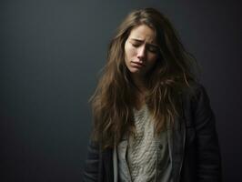 femme apparaît à être dans douleur sur gris Contexte ai génératif photo