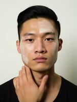 asiatique homme avec douleur sur neutre Contexte ai génératif photo