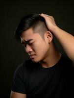 asiatique homme avec douleur sur neutre Contexte ai génératif photo