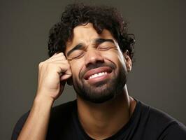 homme avec douleur sur neutre Contexte ai génératif photo