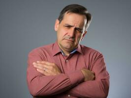 homme avec douleur sur neutre Contexte ai génératif photo