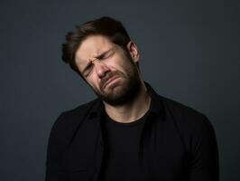 homme avec douleur sur neutre Contexte ai génératif photo