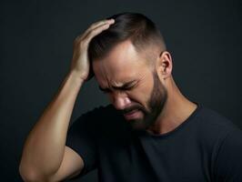 homme avec douleur sur neutre Contexte ai génératif photo