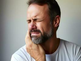 homme avec douleur sur neutre Contexte ai génératif photo