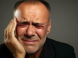 homme avec douleur sur neutre Contexte ai génératif photo