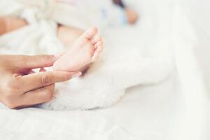 pieds de bébé nouveau-né dans les mains de la mère. photo