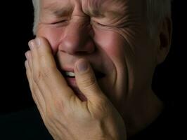 homme avec douleur sur neutre Contexte ai génératif photo