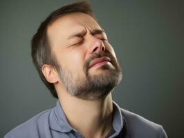 homme avec douleur sur neutre Contexte ai génératif photo