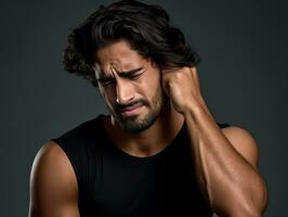 homme avec douleur sur neutre Contexte ai génératif photo