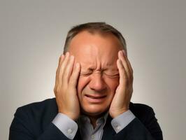 homme avec douleur sur neutre Contexte ai génératif photo