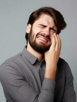 homme avec douleur sur neutre Contexte ai génératif photo