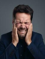 homme avec douleur sur neutre Contexte ai génératif photo