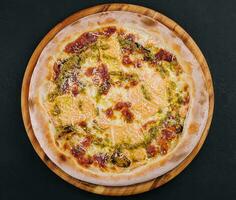 Pizza avec Saumon et moules Haut vue photo