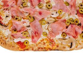 Pizza jambon et champignon isolé dans blanc Contexte photo