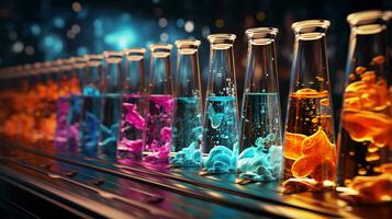multicolore verre flacons et flacons avec chimique tester tubes dans une scientifique médical microbiologique laboratoire avec recherche équipement photo
