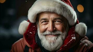 une homme avec une barbe dans une rouge veste et Père Noël claus chapeau sourit à le caméra, Noël Nouveau année de fête magnifique hiver Contexte photo
