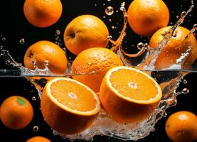 Orange des fruits chute dans le l'eau éclaboussures ai génératif photo