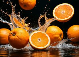 Orange des fruits chute dans le l'eau éclaboussures ai génératif photo