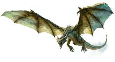 fantaisie dragon. féroce monstre. vicieux dragon en volant dans le blanc Contexte. numérique illustration photo