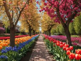 ruelle parmi coloré tulipes Keukenhof parc lisse dans Hollande génératif ai photo