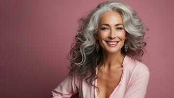 beauté portrait de souriant adulte femme avec avec longue frisé gris cheveux isolé sur rose Contexte. magnifique vieillissement mature Dame portant rose chemisier. horizontal bannière avec copie espace. ai généré photo