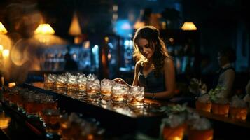 Jeune femme barman en train de préparer cocktail sur le bar compteur dans nuit club. photo