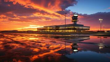 international aéroport à le coucher du soleil avec réflexion. photo