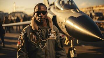 portrait de une Beau africain américain pilote permanent dans de face de un combattant avion. photo