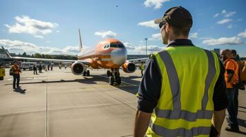 retour de aéroport ouvrier dans gilet. photo