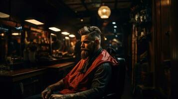 portrait de une barbu homme séance dans une coiffeur magasin. photo