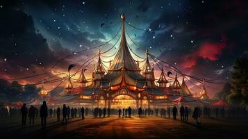 illustration de une gros cirque tente avec gens dans le Contexte à nuit. photo