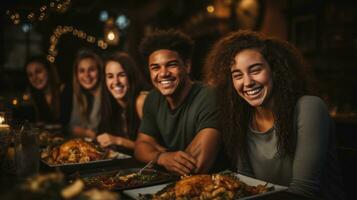 content action de grâces journée groupe de copains ayant une dîner ensemble. elles ou ils sont souriant et en mangeant Turquie. photo