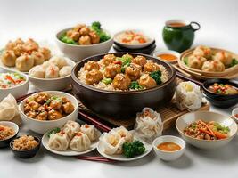 chinois nourriture sur blanc Contexte. nouilles, frit riz, Dumplings, remuer frire poulet, faible somme, printemps rouleau génératif ai photo