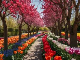 ruelle parmi coloré tulipes Keukenhof parc lisse dans Hollande génératif ai photo