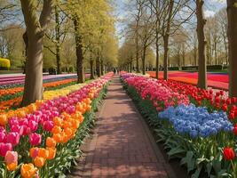 ruelle parmi coloré tulipes Keukenhof parc lisse dans Hollande génératif ai photo