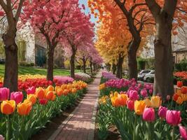 ruelle parmi coloré tulipes Keukenhof parc lisse dans Hollande génératif ai photo