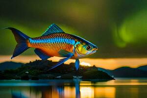 une poisson avec brillant couleurs permanent sur le l'eau. généré par ai photo