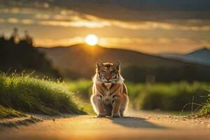 une tigre est en marchant le long de une route à le coucher du soleil. généré par ai photo