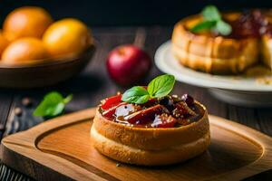 une dessert avec pommes et menthe sur une en bois planche. généré par ai photo