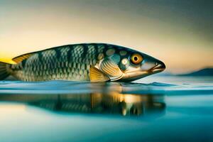 une poisson est flottant dans le l'eau à le coucher du soleil. généré par ai photo