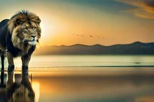 une Lion des stands sur le plage à le coucher du soleil. généré par ai photo