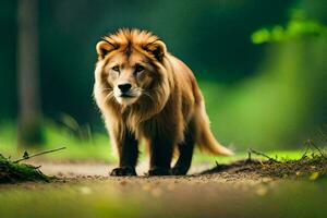 une Lion en marchant sur une chemin dans le forêt. généré par ai photo