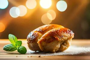 poulet ailes sur une en bois table avec une lumière Contexte. généré par ai photo