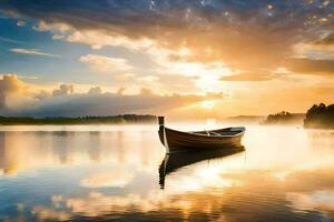 une bateau sur le l'eau à le coucher du soleil. généré par ai photo