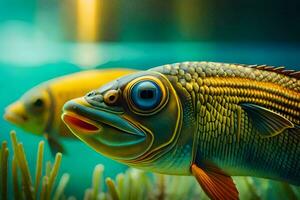 deux poisson nager dans le l'eau avec herbe. généré par ai photo