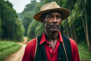 un africain homme dans une rouge chemise et chapeau des stands sur une saleté route. généré par ai photo