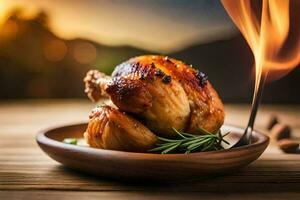 une poulet est sur une en bois assiette avec une flamme. généré par ai photo