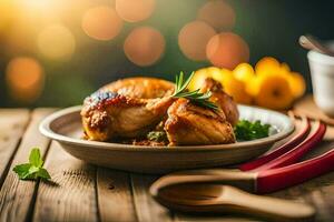 poulet sur une assiette avec une bol de des légumes et une cuillère. généré par ai photo