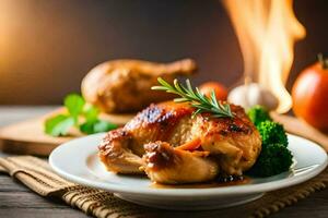 une assiette de poulet avec brocoli et tomates. généré par ai photo